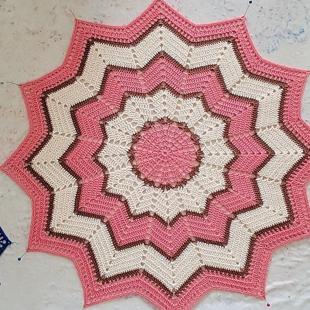 NEW ANd FRESHLY PINNED/ 17in Pink and Cream Crochet Doily With A Hint Of Brown